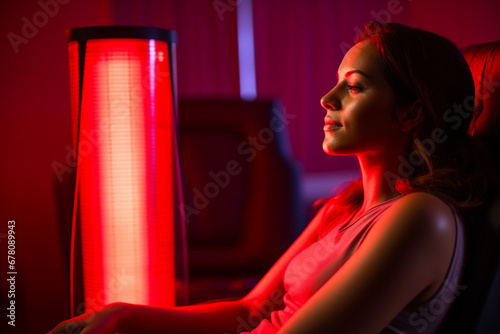 Radiant Wellness: Woman Receiving Red Light Therapy from a Device, Bathed in a Soothing Glow, Embracing the Benefits of Healing Light