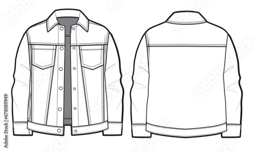 Ladies distressed oversized denim jacket front and back view technical flat sketch vector template