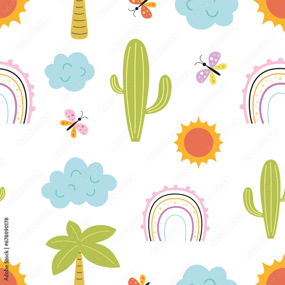 scandinavian cactus seamless pattern, children's trendy background with plants, rainbow, sun, palm tree and butterflies