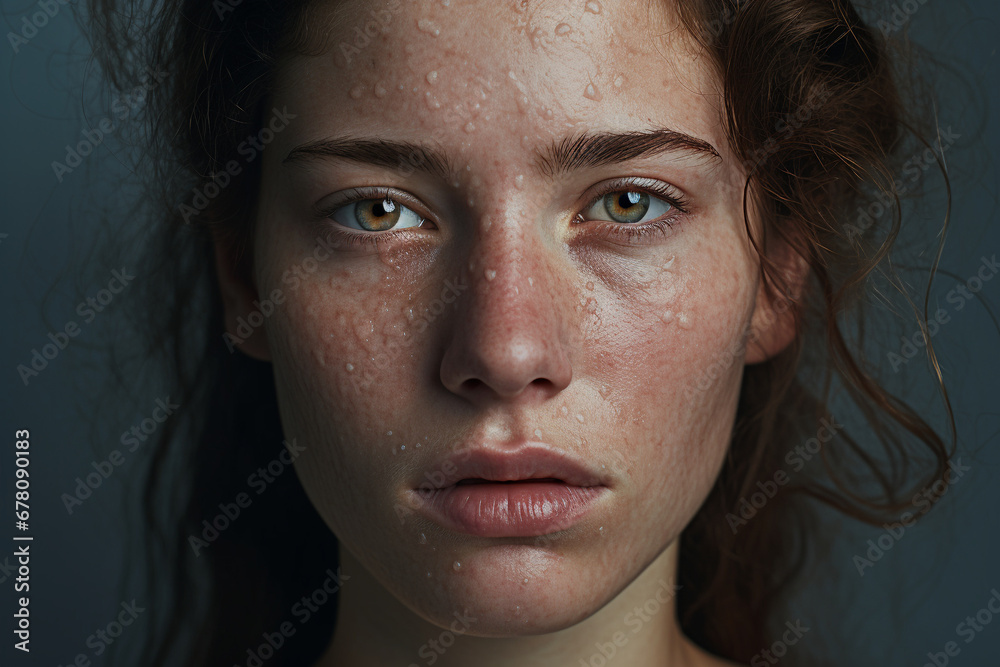 Facing Inner Turmoil: Close-up of a Young Woman Expressing Stress and Depression Due to Skin Problems, Set Against a Studio Background Facing Inner Turmoil: Close-up of a Young Woman Expressing Stress and Depression Due to Skin Problems, Set Against a Studio Background