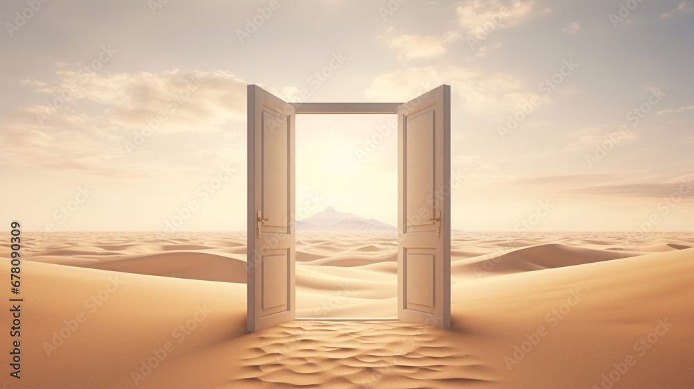 Open door on desert. startup concept. - obrazy, fototapety, plakaty 