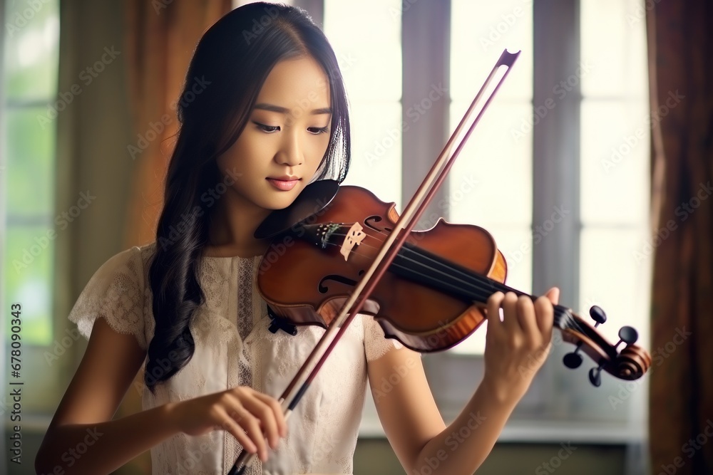 Asian girl in white summer dress with dark long hair diligently playing violin in park. Asian girl plays violin creating pleasant melody in nature surrounded by bright summer trees Asian girl in white summer dress with dark long hair diligently playing violin in park. Asian girl plays violin creating pleasant melody in nature surrounded by bright summer trees