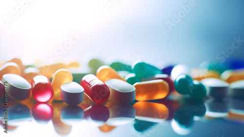 Pills tablets capsules or medicament laid on glass background