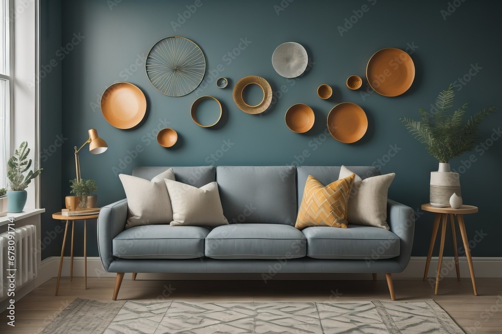 Obraz na płótnie Grey sofa against dark teal wall with decorative circles as wall decor. Mid-century, scandinavian home interior design of modern living room w salonie
