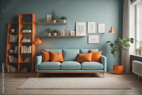 Mint sofa with orange pillows against bookcase. Home library. Scandinavian interior design of modern living room 