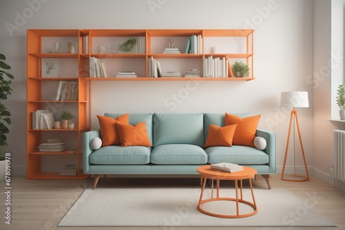 Mint sofa with orange pillows against bookcase. Home library. Scandinavian interior design of modern living room  © Marko