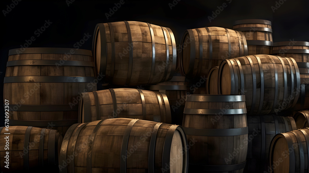 Whisky and brandy barrels. Illustration with oak casks. Edited AI illustration.