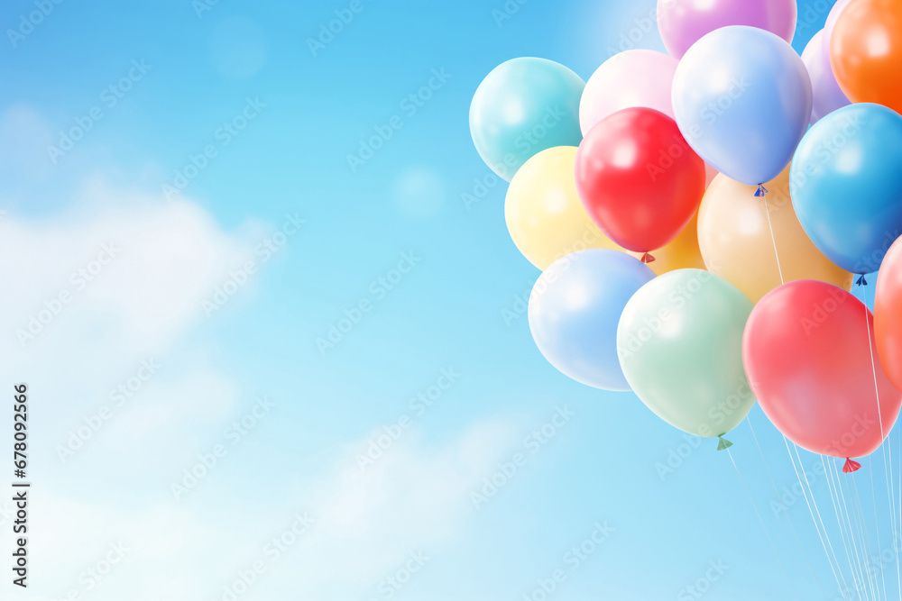 Multicolored balloons with helium on a blue sky abstract background. Concept of happy birthday, new year, party, wedding, valentine, happiness, joy, festival, holiday promotion banner.