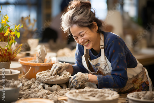 Korean senior woman crafting at pottery class.
