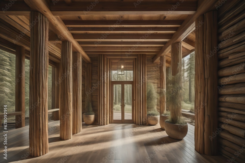 Obraz premium Tree trunk columns in rustic interior design of modern entrance hall with door