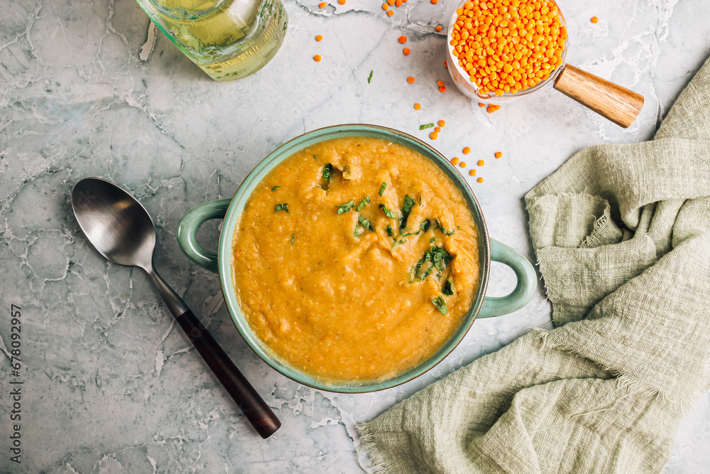 Traditional Turkish or Arabic Red Lentil Soup - obrazy, fototapety, plakaty 