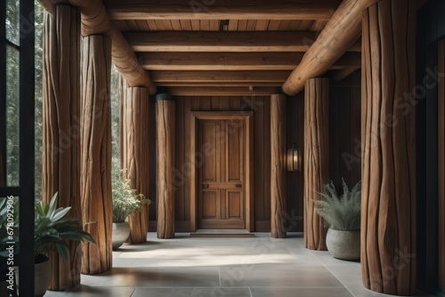 Tree trunk columns in rustic interior design of modern entrance hall with door © Marko