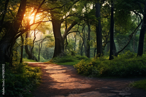 Pathway surrounded by trees and bushes in a forest under the sunlight, aesthetic look © alisaaa