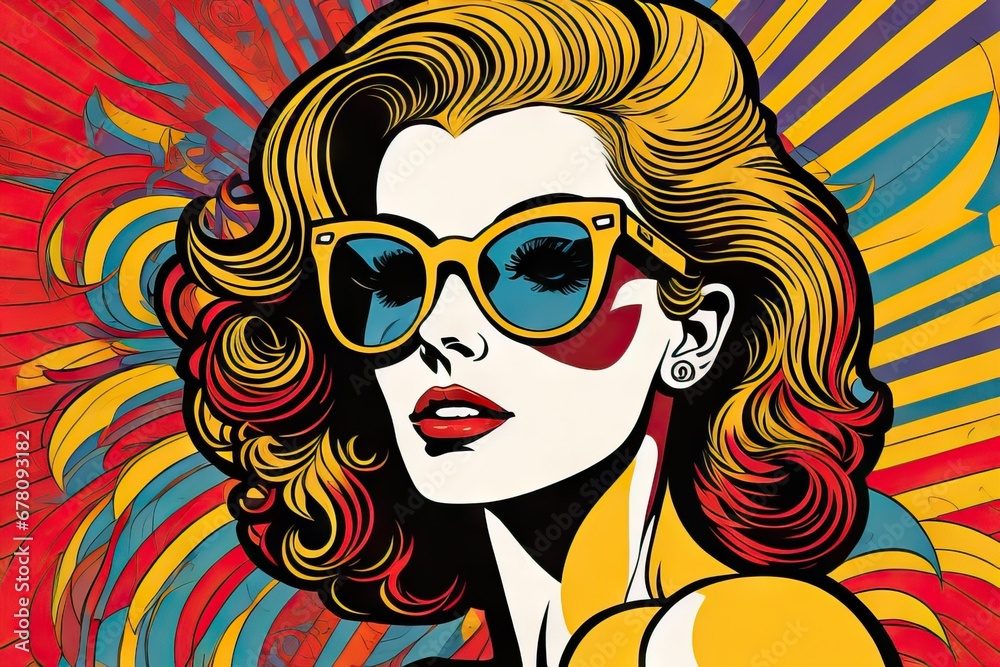 Pop art retro style pretty sexy ginger young woman wearing sunglasses on vibrant colorful background 