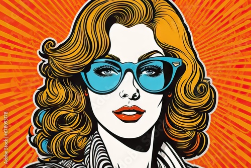 Pop art retro style pretty sexy ginger young woman wearing sunglasses on vibrant colorful background 