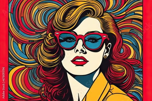 Pop art retro style pretty sexy ginger young woman wearing sunglasses on vibrant colorful background 