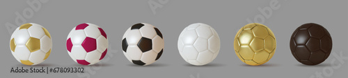 Collection of 3d realistic Soccer balls. Set of golden, violet and white black color football balls. Vector illustration.