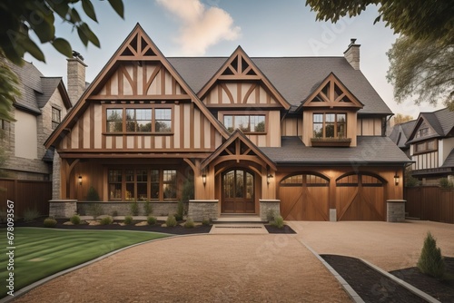 Tudor style family house exterior with gable roof and timber framing. Wooden garage doors in home cottage photo