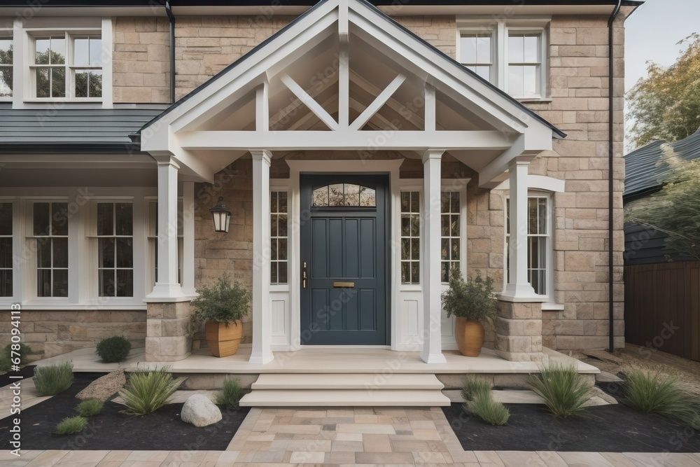 Main entrance door in house. Wooden front door with gabled porch and landing. Exterior of georgian style home cottage with columns and stone cladding Main entrance door in house. Wooden front door with gabled porch and landing. Exterior of georgian style home cottage with columns and stone cladding