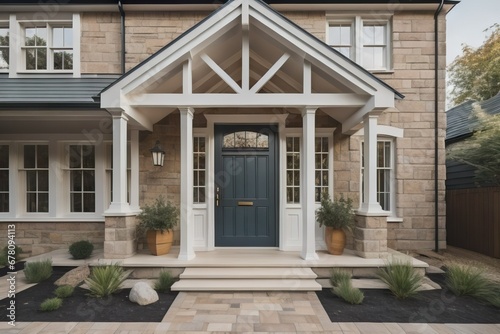 Main entrance door in house. Wooden front door with gabled porch and landing. Exterior of georgian style home cottage with columns and stone cladding