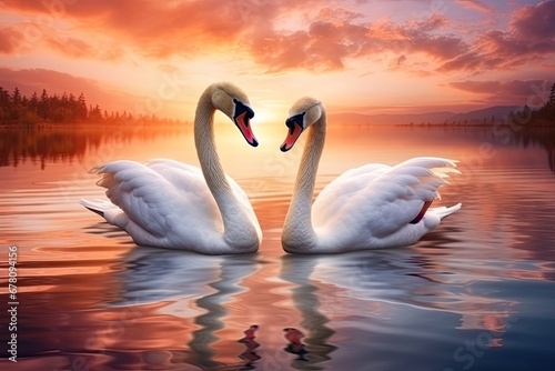 picture of two swans in a heartshaped pose during sunset. Generative AI