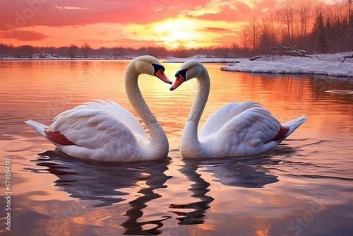 picture of two swans in a heartshaped pose during sunset. Generative AI