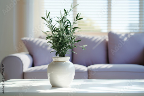 Lavender in a white ceramic pot in a cozy living room in a lilac sofa with copy space