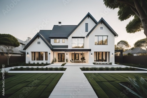 White family house with black pitched roof tiles, and beautiful front yard with green lawn