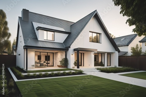 White family house with black pitched roof tiles, and beautiful front yard with green lawn photo