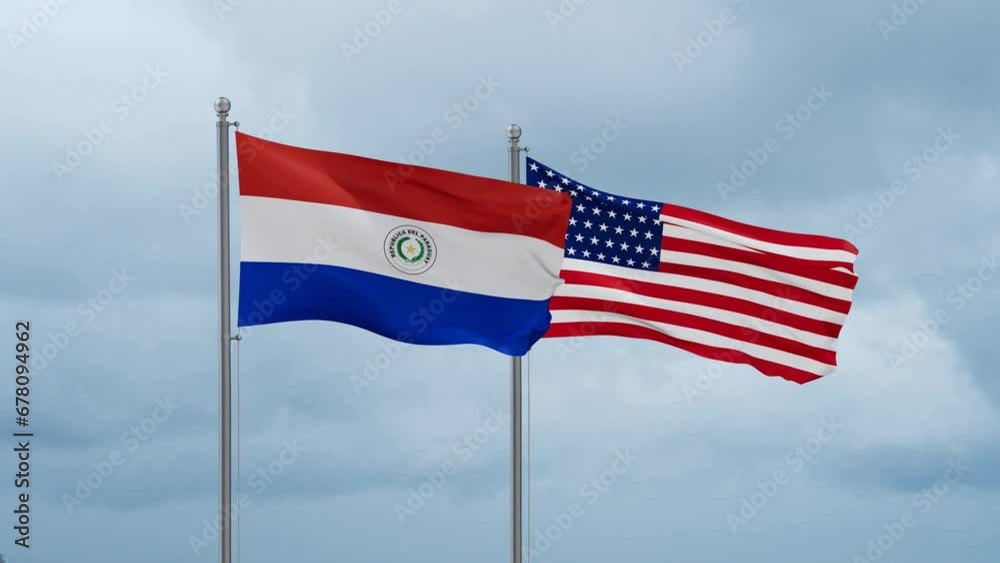 USA and Paraguay flag waving together on cloudy sky, endless seamless loop, two country cooperation concept USA and Paraguay flag waving together on cloudy sky, endless seamless loop, two country cooperation concept