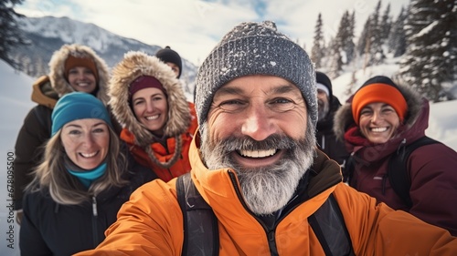 Selfie de grupo de amigos de mediana edad disfrutando y sonriendo. Deporte y aventura a los 50 años. photo