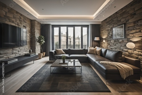 Interior design of modern apartment, living room with black sofa over the stone tiles wall. Home interior