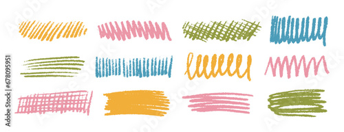 Set of colored brush strokes, various textural vector lines and hand drawn doodles