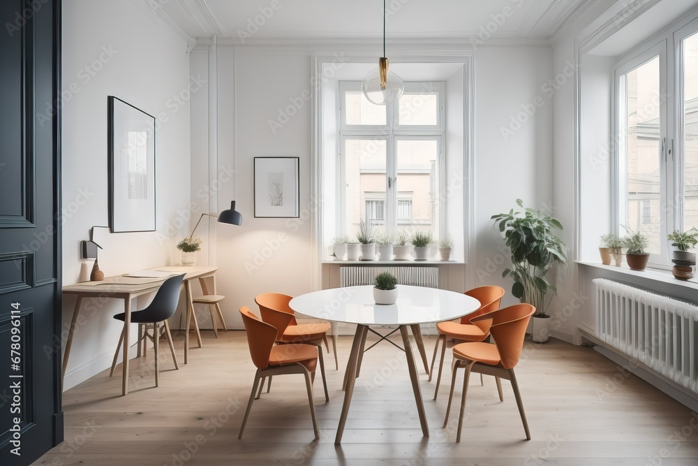 Studio apartment with dining table and chairs. Scandinavian interior design of modern living room Studio apartment with dining table and chairs. Scandinavian interior design of modern living room