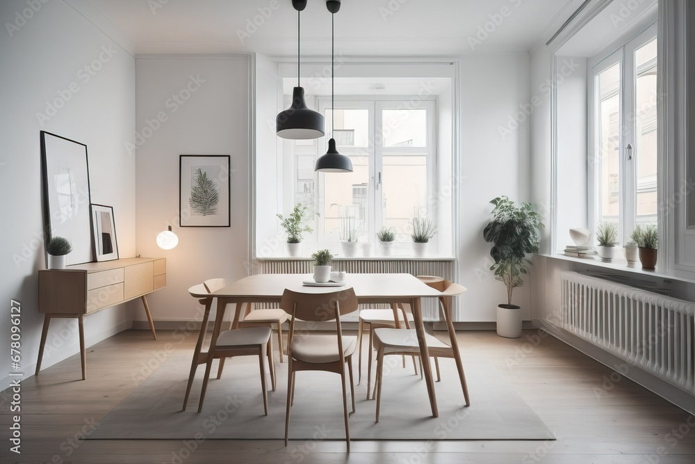 Studio apartment with dining table and chairs. Scandinavian interior design of modern living room Studio apartment with dining table and chairs. Scandinavian interior design of modern living room