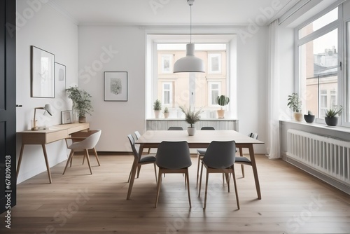 Studio apartment with dining table and chairs. Scandinavian interior design of modern living room