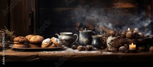 In the cozy winter background a wooden table adorned with organic bread and a steaming cup of tea creates a festive holiday space with the scent of freshly baked goods and the drop of warmth photo