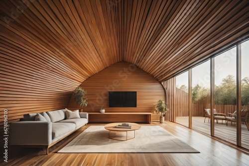 Abstract wooden arched ceiling and wall with curved lines. Interior design of modern living room