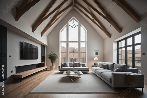 Vaulted cathedral ceiling in house. Interior design of modern living room  © Marko