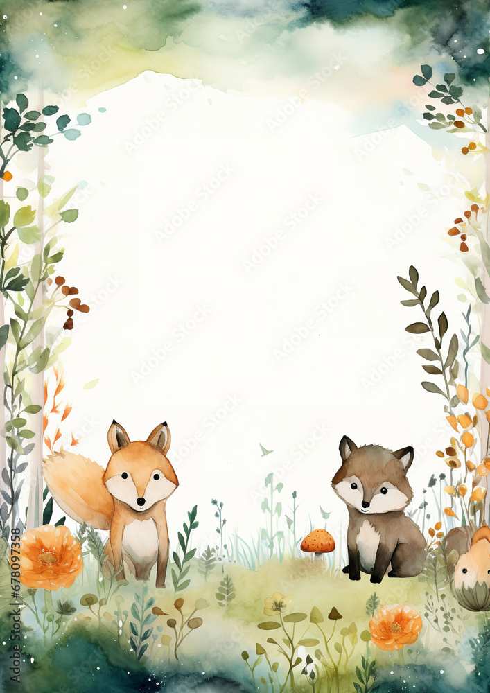 Fototapeta premium Frame for a background, featuring a watercolor woodland scene with critters and mushrooms, rectangle, ideal for a whimsical woodland wedding or child's birthday party invitation