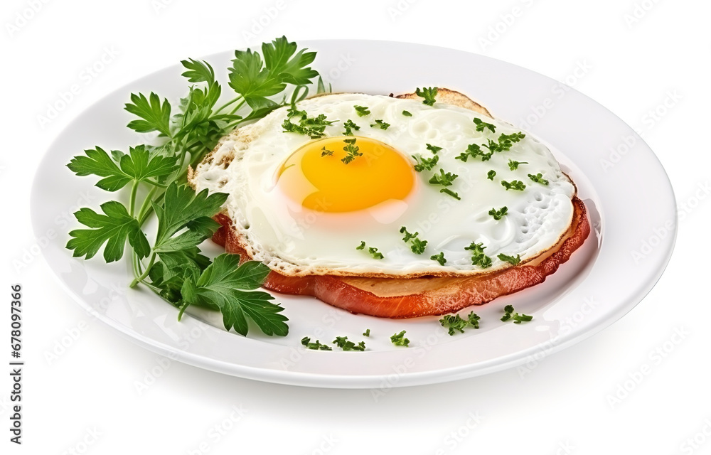 Fried eggs with bacon on white plate, decorated with parsley herb, cup of coffee, on white kitchen backgroun