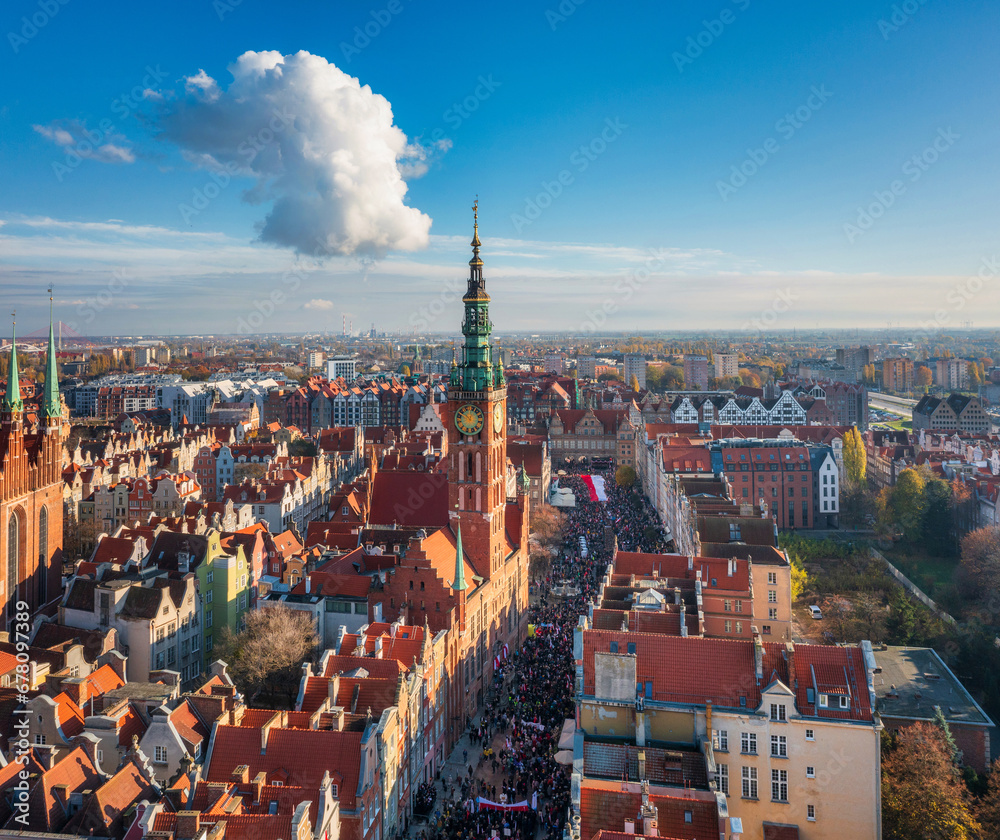 Fototapeta premium Aerial view of Main town in Gdansk during independence day celebrations in Poland at November 11.