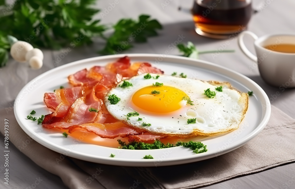 Fried eggs with bacon on white plate, decorated with parsley herb, cup of coffee, on white kitchen backgroun Fried eggs with bacon on white plate, decorated with parsley herb, cup of coffee, on white kitchen backgroun