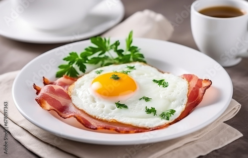 Fried eggs with bacon on white plate, decorated with parsley herb, cup of coffee, on white kitchen backgroun