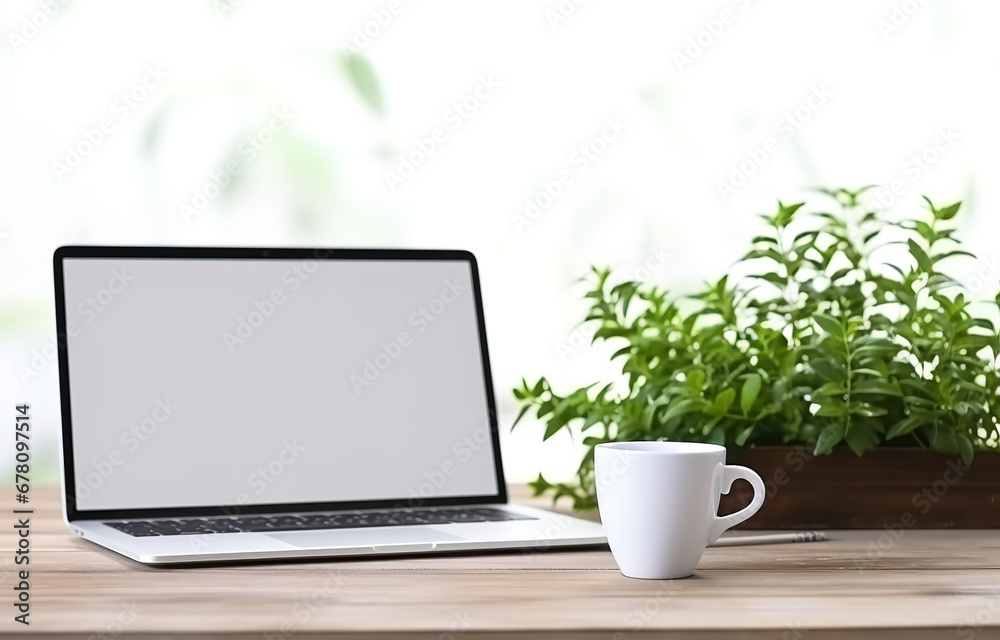 Laptop profile view, cup black coffee, plant herb, on white wooden table Laptop profile view, cup black coffee, plant herb, on white wooden table