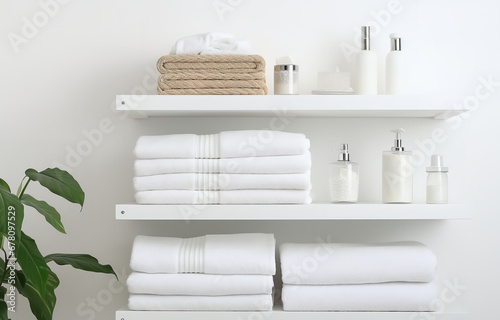Many white towels on white wooden shelves on light bathroom background © Nate