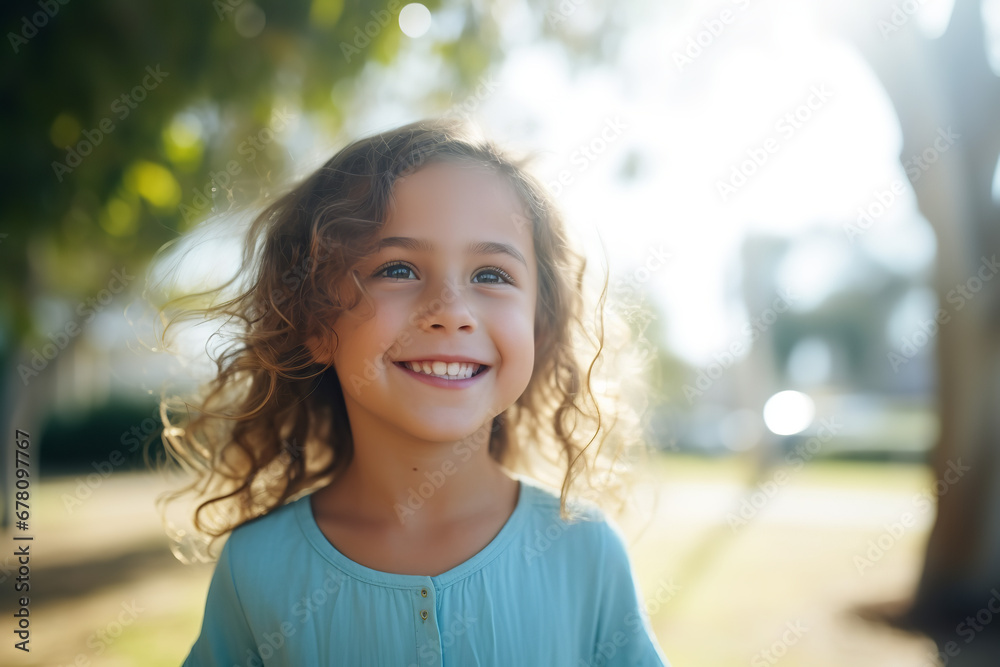 Medium shot portrait photography of a pleased child girl against a light blue background Medium shot portrait photography of a pleased child girl against a light blue background