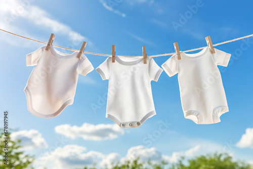 White baby clothes hanging on laundry line outdoors. Baby onesie bodysuits dries on rope in the fresh air on sunny day