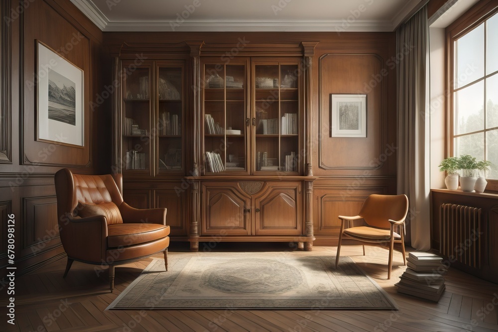  Interior with wooden cabinet and armchair 3d rendering 