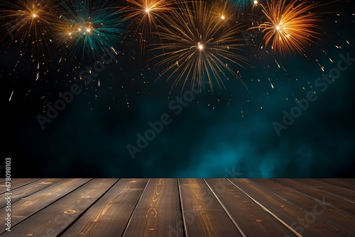 Fireworks background on wooden background, AI generated